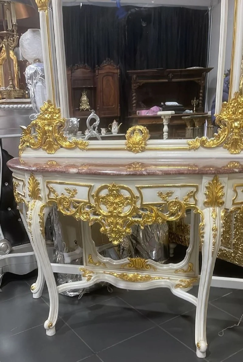Casa Padrino Barock Spiegelkonsole mit Marmorplatte Weiß / Gold / Braun - Prunkvolle Barock Konsole mit Spiegel - Garderoben Möbel Barockstil - Barock Möbel - Antik Stil Möbel - Edel & Prunkvoll