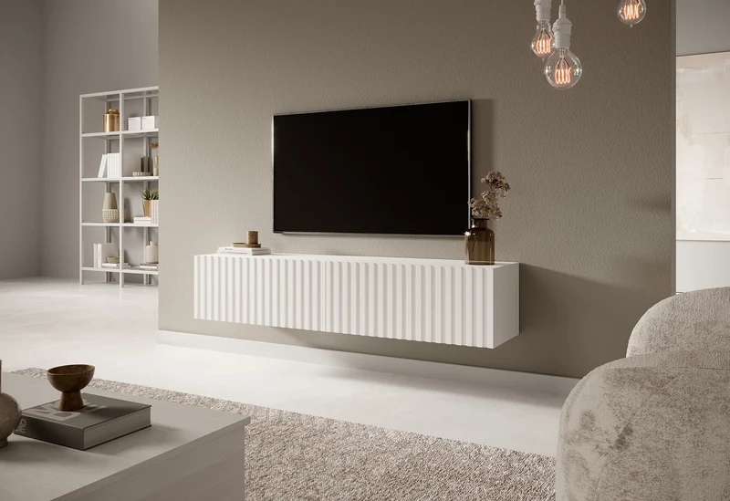 TV-Schrank Telire 138,6 cm Weiß mit lamellenförmiger Front