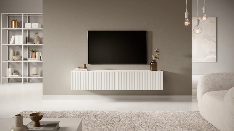 TV-Schrank Telire 138,6 cm Weiß mit lamellenförmiger Front