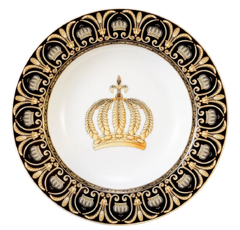 Harald Glööckler Pompöös Suppenteller mit Krone Weiß / Schwarz / Gold Ø 22,3 x H. 3,7 cm - Runder Porzellan Teller - designed by Harald Glööckler