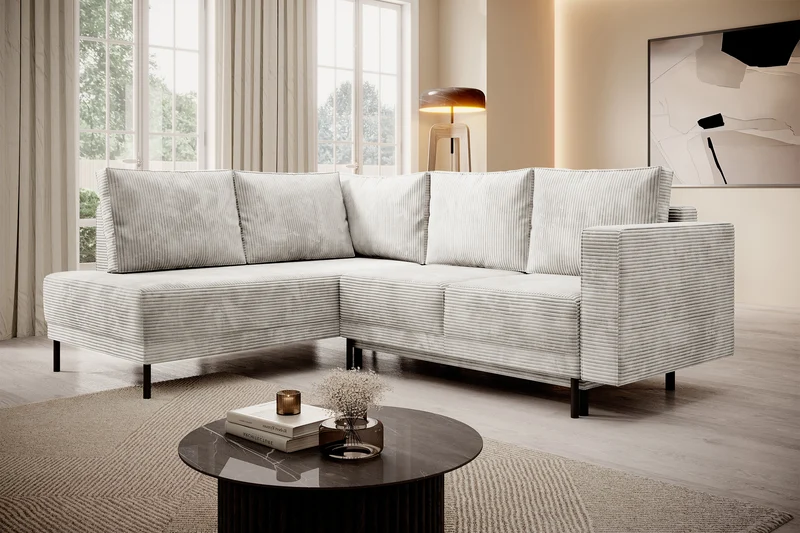 Ecksofa Rodario mit Schlaffunktion und Bettkasten, grau-beiger Cord, linksseitig