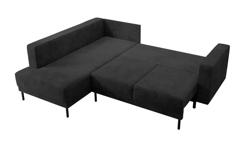 Ecksofa Rodario mit Schlaffunktion und Bettkasten, schwarzer Cord, linksseitig
