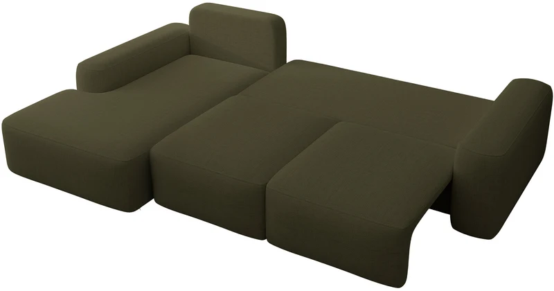 Ecksofa mit Schlaffunktion Carnos, L-förmig, mit zusätzlichen Lendenkissen, olivgrüner hydrophober Chenille-Stoff, linksseitig