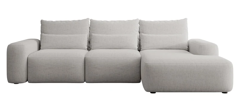 Ecksofa mit Schlaffunktion Carnos, L-förmig, mit zusätzlichen Lendenkissen, grau, hydrophober Chenille-Stoff, rechtsseitig