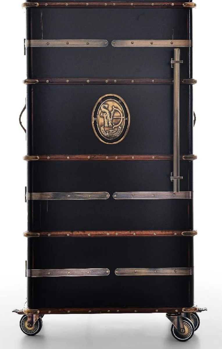 Casa Padrino Luxus Barschrank mit Rollen Antik Schwarz 73,5 x 54 x H. 173,5 cm - Kofferschrank im Retro Look - Retro Stil Weinschrank - Bar Möbel - Luxus Möbel