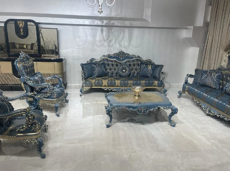 Casa Padrino Luxus Barock Sessel Blau / Gold - Prunkvoller Wohnzimmer Sessel mit elegantem Muster - Barockstil Wohnzimmer Möbel - Luxus Möbel im Barockstil - Barock Möbel