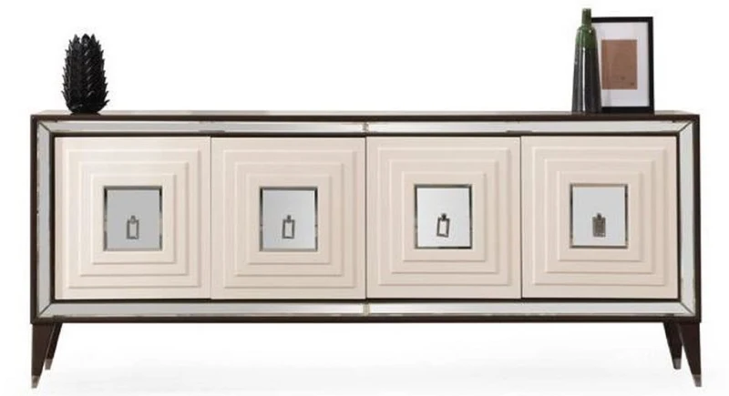 Casa Padrino Luxus Sideboard Dunkelbraun / Creme / Silber 220 x 48 x H. 90 cm - Verspiegelter Massivholz Schrank mit 4 Türen - Esszimmer Möbel - Luxus Möbel - Luxus Einrichtung