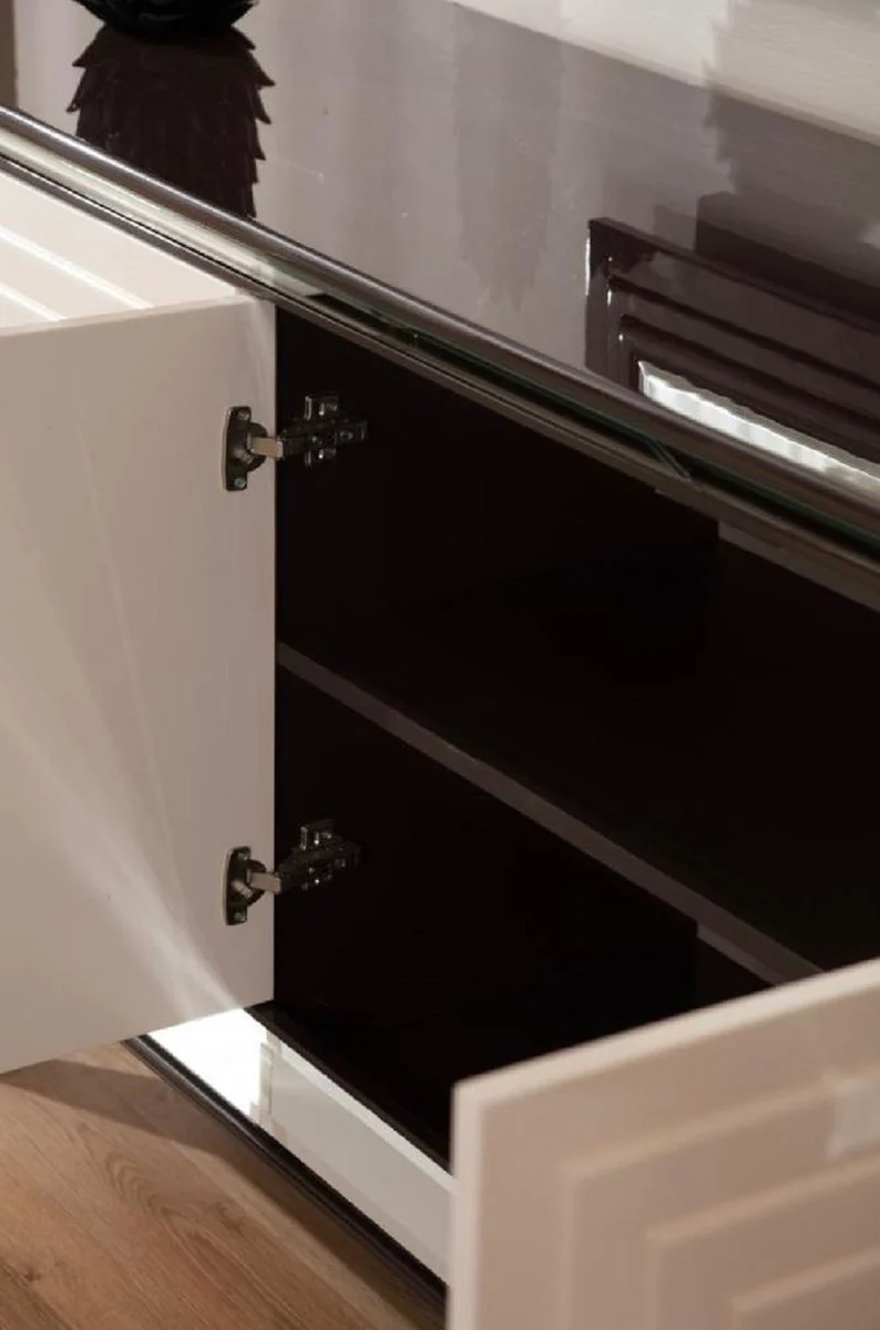 Casa Padrino Luxus Sideboard Dunkelbraun / Creme / Silber 220 x 48 x H. 90 cm - Verspiegelter Massivholz Schrank mit 4 Türen - Esszimmer Möbel - Luxus Möbel - Luxus Einrichtung