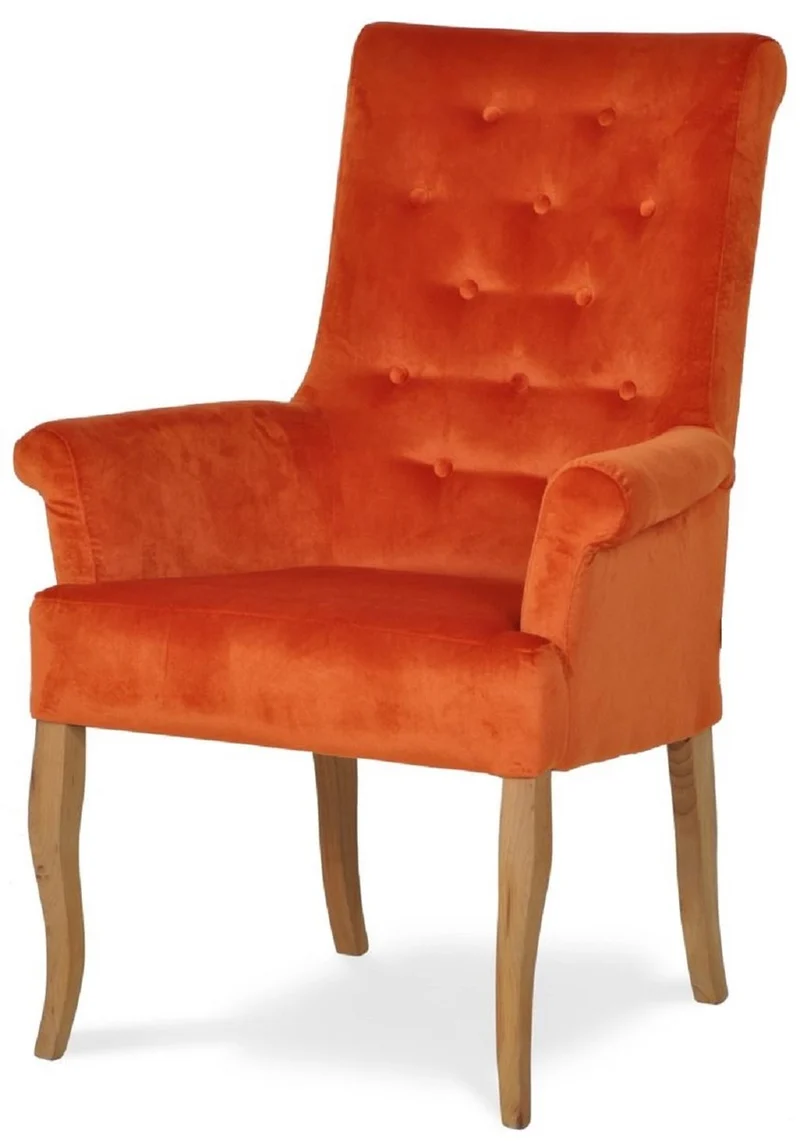 Casa Padrino Chesterfield Neo Barock Esszimmer Stuhl 4er Set Orange / Naturfarben - Küchenstühle mit Armlehnen - Esszimmer Möbel - Chesterfield Möbel - Neo Barock Möbel