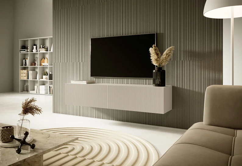 Hängender TV-Schrank Veldio mit gefräster Front 140 cm Grau-Beige