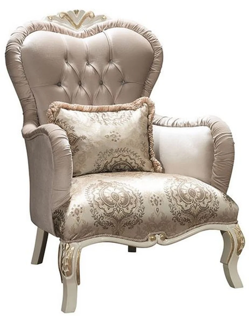 Casa Padrino Luxus Barock Wohnzimmer Sessel mit Glitzersteinen und dekorativem Kissen Grau / Creme / Gold 90 x 85 x H. 110 cm - Edle Barockstil Möbel