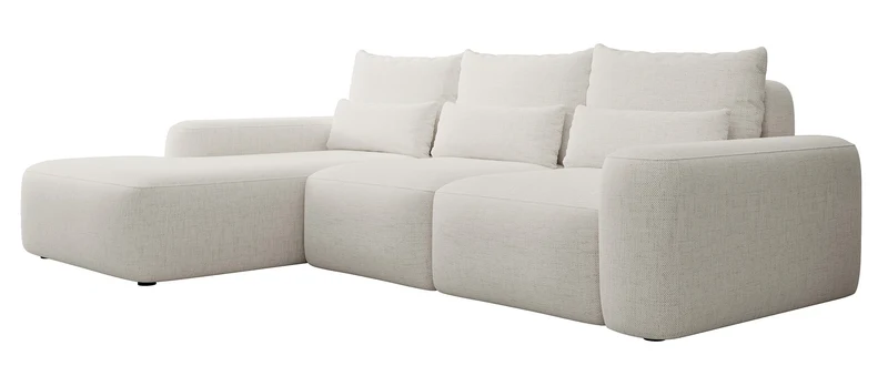 Ecksofa mit Schlaffunktion Carnos, L-förmig, mit zusätzlichen Lendenkissen, cremefarben, hydrophobes Chenille, linksseitig