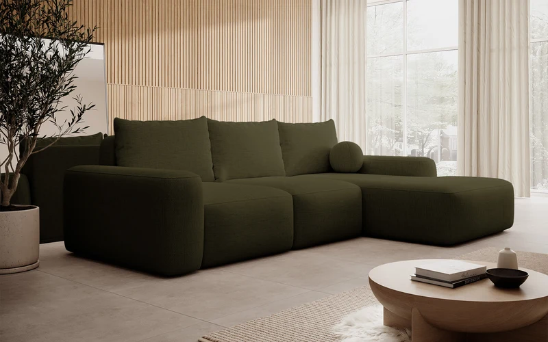 Ecksofa mit Schlaffunktion Carnos, L-förmig, mit Ball, einzelne Kissen, olivgrüner hydrophober Chenille-Stoff, rechtsseitig