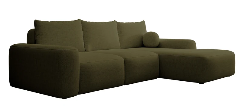 Ecksofa mit Schlaffunktion Carnos, L-förmig, mit Ball, einzelne Kissen, olivgrüner hydrophober Chenille-Stoff, rechtsseitig