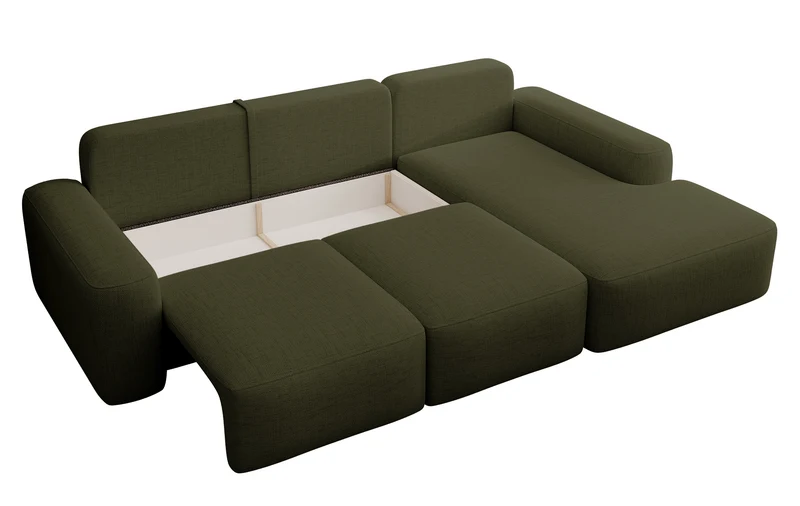 Ecksofa mit Schlaffunktion Carnos, L-förmig, mit Ball, einzelne Kissen, olivgrüner hydrophober Chenille-Stoff, rechtsseitig