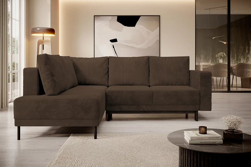 Ecksofa Rodario mit Schlaffunktion und Bettkasten, dunkelbrauner Cord, linksseitig