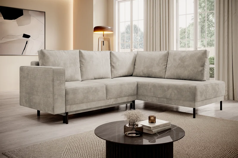 Ecksofa Rodario mit Schlaffunktion und Bettkasten, dunkelbeige Cord, rechtsseitig