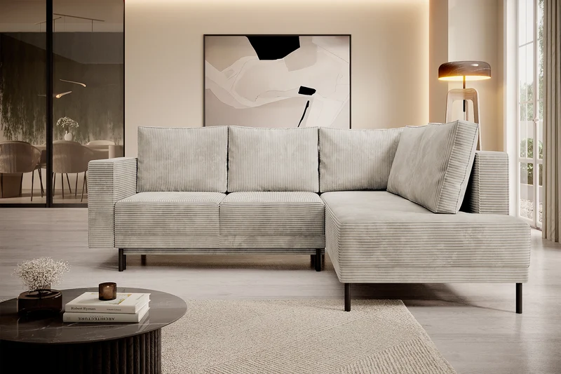 Ecksofa Rodario mit Schlaffunktion und Bettkasten, dunkelbeige Cord, rechtsseitig