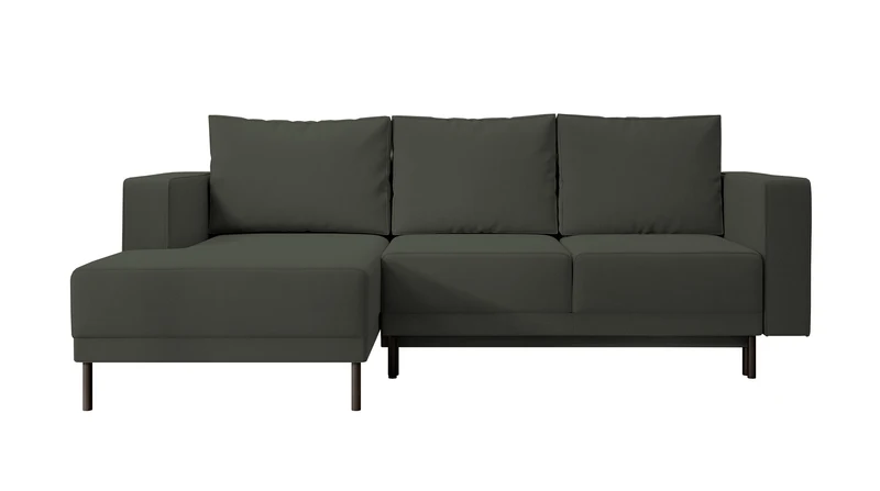Ecksofa mit Schlafunktion Rodario Mini, L-förmig, mit Stauraum, olivgrüner, pflegeleichter Samt, linksseitig