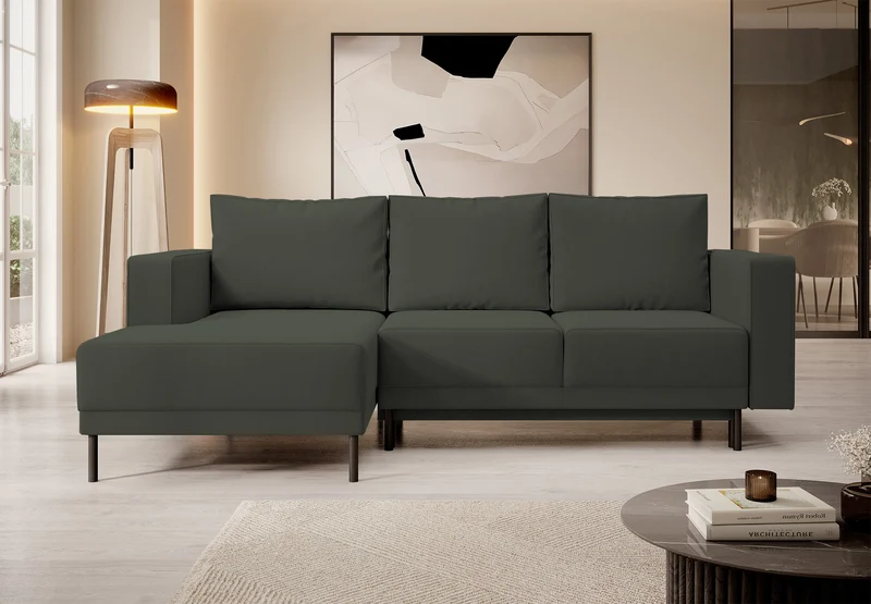 Ecksofa mit Schlafunktion Rodario Mini, L-förmig, mit Stauraum, olivgrüner, pflegeleichter Samt, linksseitig