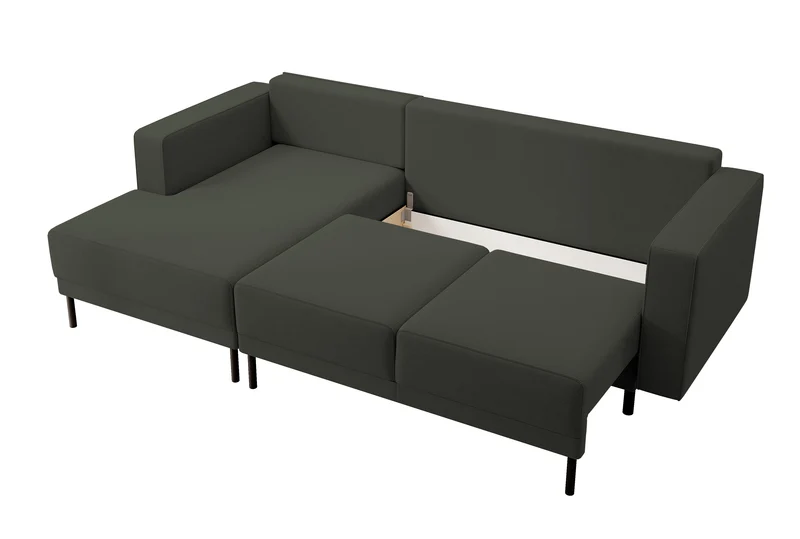 Ecksofa mit Schlafunktion Rodario Mini, L-förmig, mit Stauraum, olivgrüner, pflegeleichter Samt, linksseitig