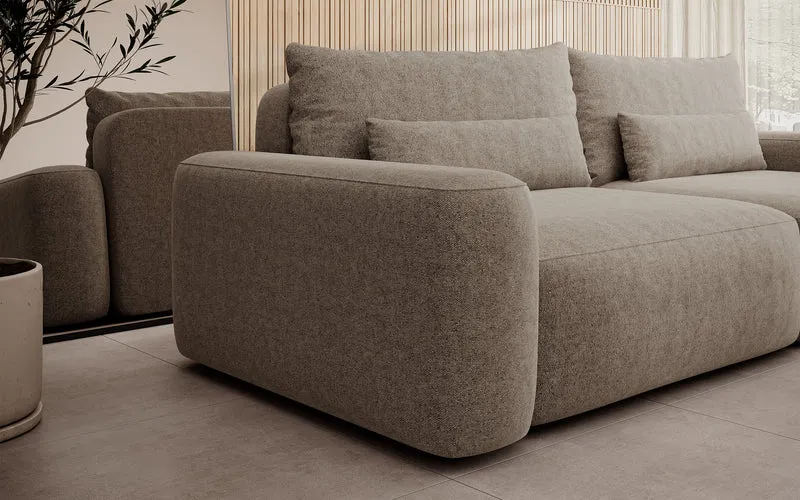 Dreisitziges ausklappbares Sofa Carnos hellbraun, chenille, wasserabweisend, schwarze Beine