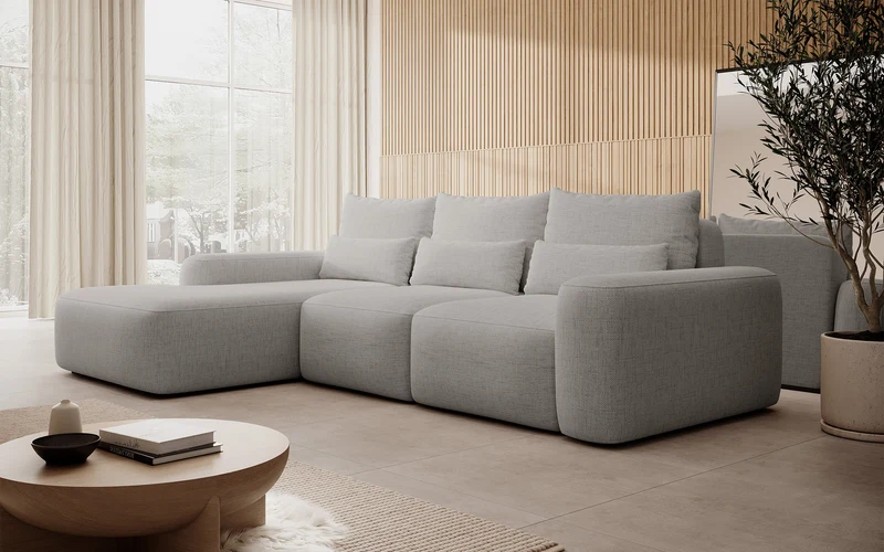 Ecksofa mit Schlaffunktion Carnos, L-förmig, mit zusätzlichen Lendenkissen, grauer hydrophober Chenille-Stoff, linksseitig