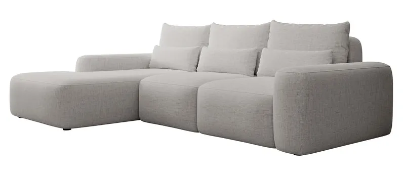 Ecksofa mit Schlaffunktion Carnos, L-förmig, mit zusätzlichen Lendenkissen, grauer hydrophober Chenille-Stoff, linksseitig