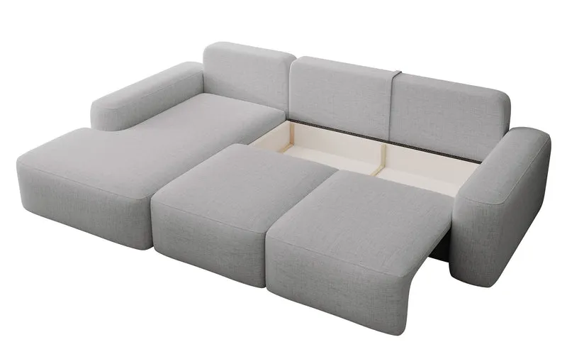 Ecksofa mit Schlaffunktion Carnos, L-förmig, mit zusätzlichen Lendenkissen, grauer hydrophober Chenille-Stoff, linksseitig