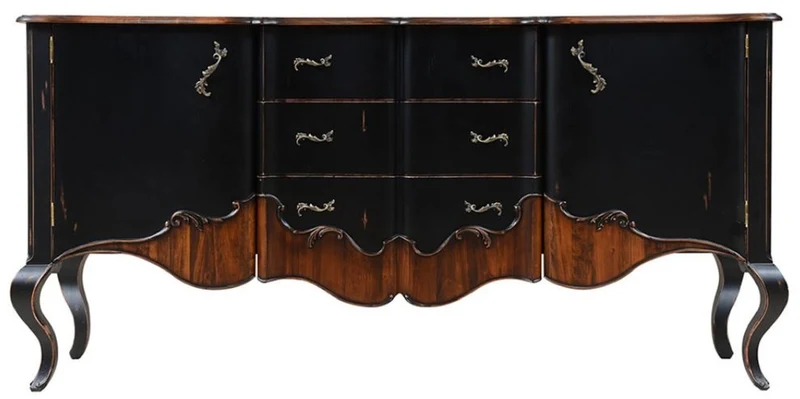 Casa Padrino Luxus Barock Sideboard Antik Schwarz / Braun 200,5 x 53,5 x H. 98 cm - Prunkvoller Massivholz Schrank mit 2 Türen und 3 Schubladen - Luxus Möbel im Barockstil - Barock Möbel