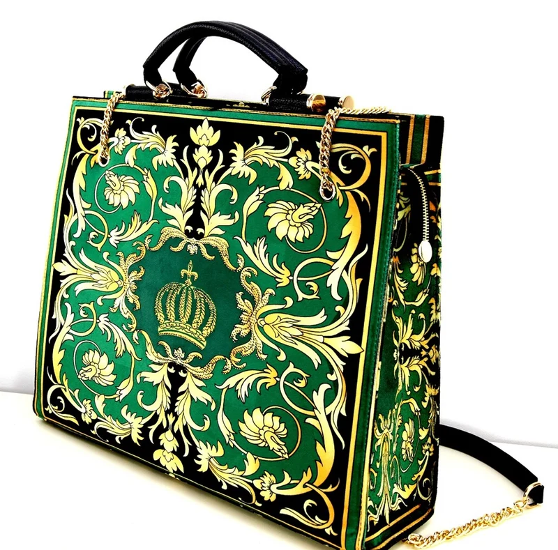 Pompöös by Casa Padrino Luxus Damen Handtasche Baroque Flowers mit Krone und Strass Steinen Grün / Schwarz / Gold 43 x H. 43 cm - designed by Harald Glööckler