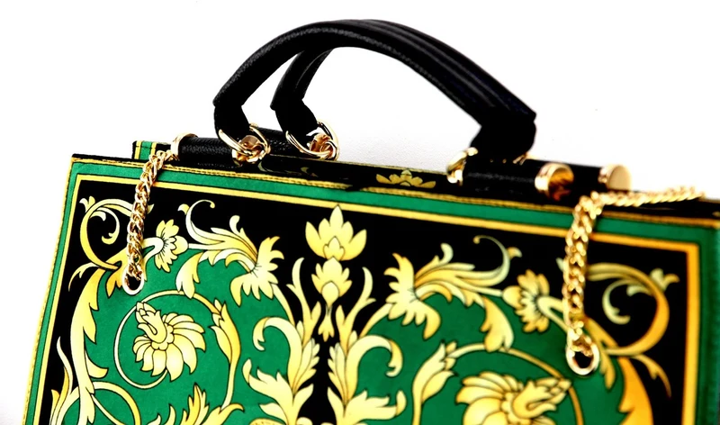 Pompöös by Casa Padrino Luxus Damen Handtasche Baroque Flowers mit Krone und Strass Steinen Grün / Schwarz / Gold 43 x H. 43 cm - designed by Harald Glööckler