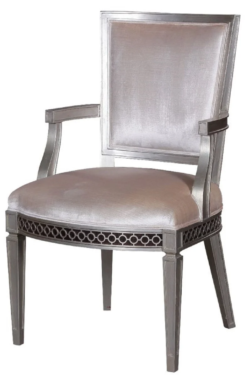 Casa Padrino Luxus Art Deco Esszimmerstuhl mit Armlehnen Rosa / Silber 60 x 66 x H. 102 cm - Luxus Hotel & Restaurant Möbel