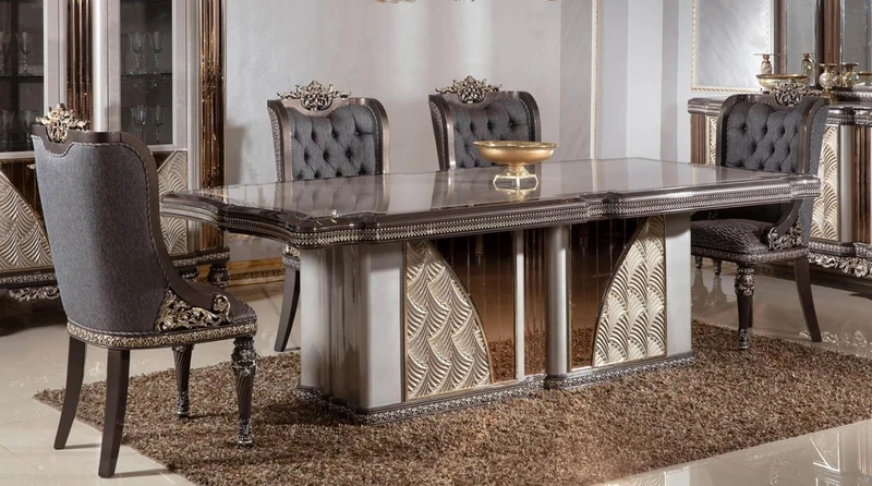 Casa Padrino Luxus Barock Esszimmer Set Blau / Grau / Dunkelbraun / Gold - 1 Barock Esstisch & 6 Barock Esszimmerstühle - Luxus Esszimmer Möbel im Barockstil - Barock Möbel - Edel & Prunkvoll