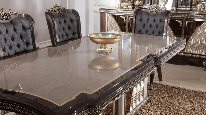 Casa Padrino Luxus Barock Esszimmer Set Blau / Grau / Dunkelbraun / Gold - 1 Barock Esstisch & 6 Barock Esszimmerstühle - Luxus Esszimmer Möbel im Barockstil - Barock Möbel - Edel & Prunkvoll