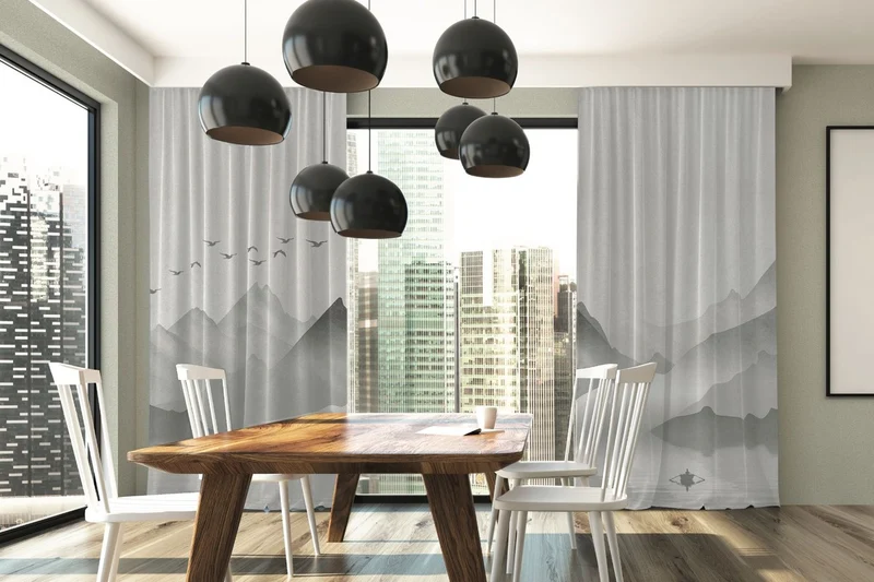 Casa Padrino Luxus Vorhang Set Gebirge mit See Grau 250 x H. 290 cm - Bedruckte Leinen & Samt Vorhänge - Ösenvorhänge - Schiebevorhänge - Edle Wohnzimmer Schlafzimmer Vorhänge