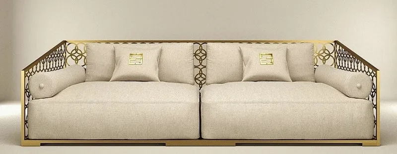 Casa Padrino Luxus 3er Sofa Elfenbeinfarben / Champagner-Gold 325 x 109 cm - Handgefertigtes Sofa mit Kissen - Wohnzimmer Sofa - Garten Sofa - Terrassen Sofa - Hotel Möbel - Luxus Qualität