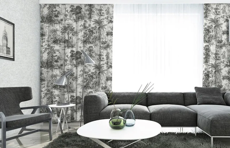 Casa Padrino Luxus Vorhang Set Dschungel Weiß / Schwarz 250 x H. 290 cm - Bedruckte Leinen & Samt Vorhänge - Ösenvorhänge - Schiebevorhänge - Wohnzimmer Schlafzimmer Vorhänge