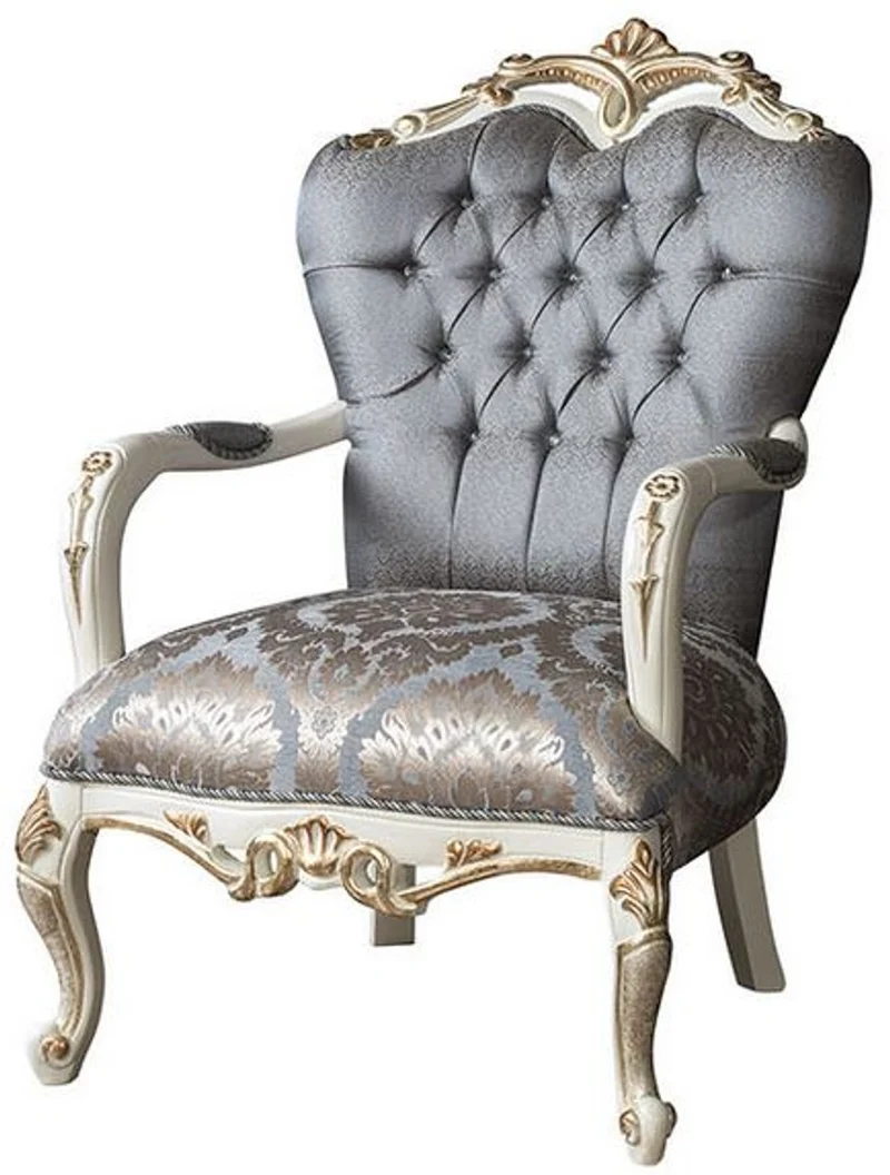 Casa Padrino Luxus Barock Wohnzimmer Sessel mit Glitzersteinen Blau / Weiß / Gold 95 x 80 x H. 115 cm - Edle Wohnzimmer Möbel im Barockstil