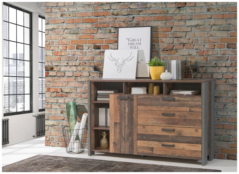 Kommode Sideboard CLIF 1 Tür 4 Schubladen Old Wood Optik, von Forte