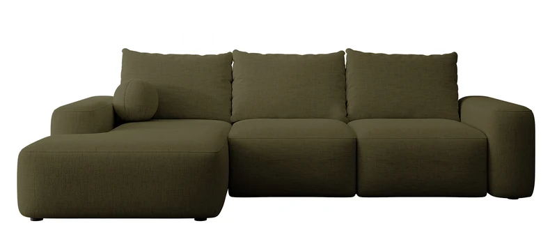 Ecksofa mit Schlaffunktion Carnos, L-förmig, mit Ball, einzelne Kissen, olivgrüner hydrophober Chenille, linksseitig
