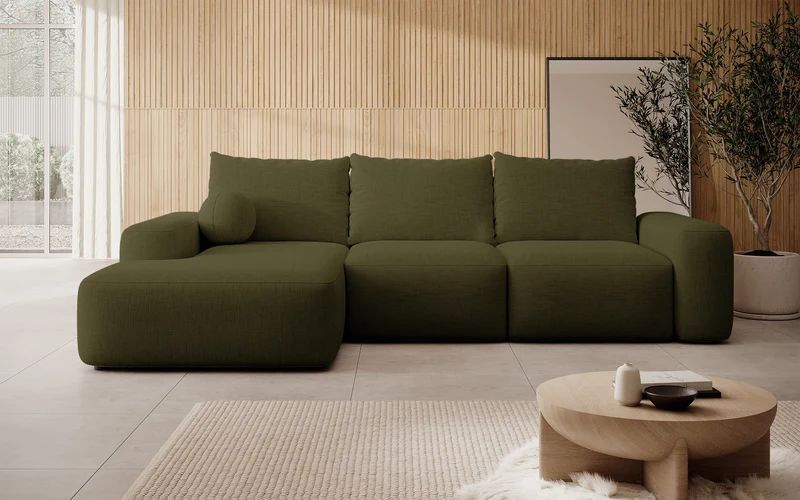 Ecksofa mit Schlaffunktion Carnos, L-förmig, mit Ball, einzelne Kissen, olivgrüner hydrophober Chenille, linksseitig