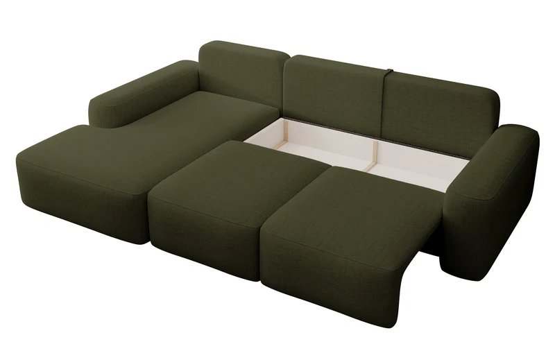 Ecksofa mit Schlaffunktion Carnos, L-förmig, mit Ball, einzelne Kissen, olivgrüner hydrophober Chenille, linksseitig