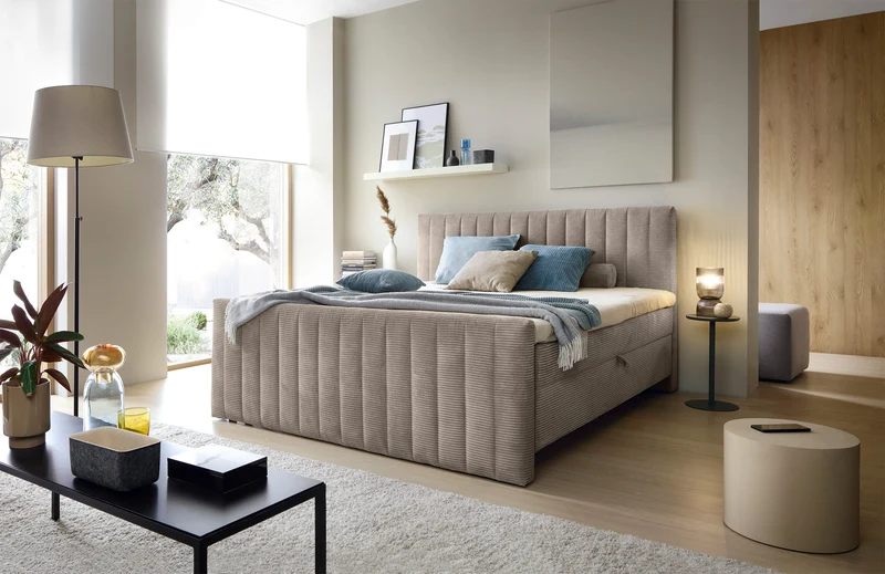Kontinentales Bett Lullabino 180x200 cm mit Stauraum und Topper, grau-beiger Cordstoff