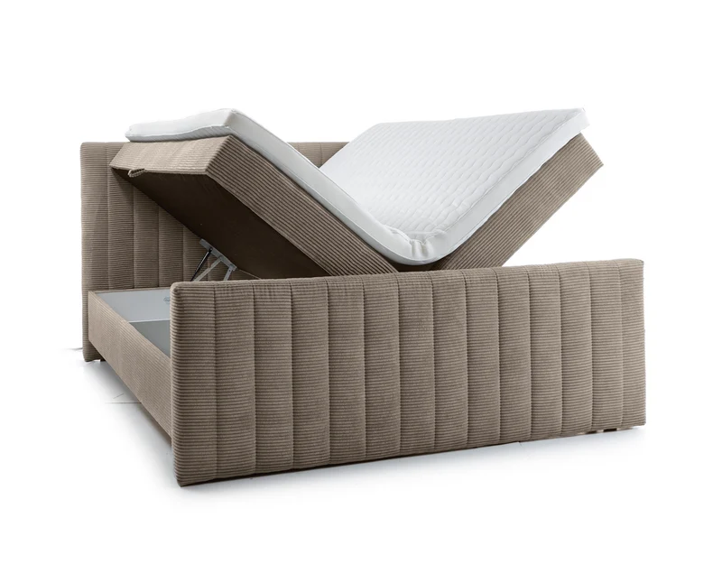 Kontinentales Bett Lullabino 180x200 cm mit Stauraum und Topper, grau-beiger Cordstoff