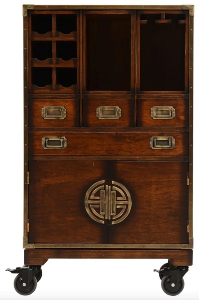 Casa Padrino Luxus Vintage Stil Barschrank mit Rollen Braun 74 x 37 x H. 123 cm - Massivholz Weinschrank - Vintage Stil Bar Möbel - Luxus Bar Möbel - Massivholz Bar Möbel
