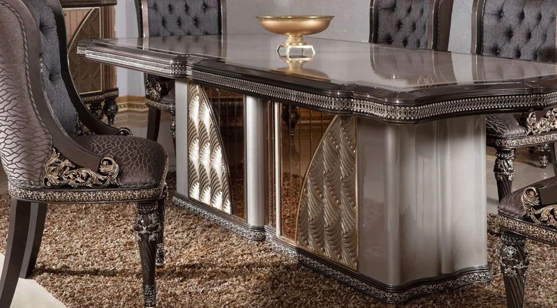 Casa Padrino Luxus Barock Esstisch Grau / Dunkelbraun / Gold - Rechteckiger Barockstil Küchentisch - Luxus Esszimmer Möbel im Barockstil - Barock Esszimmer Möbel - Barock Einrichtung