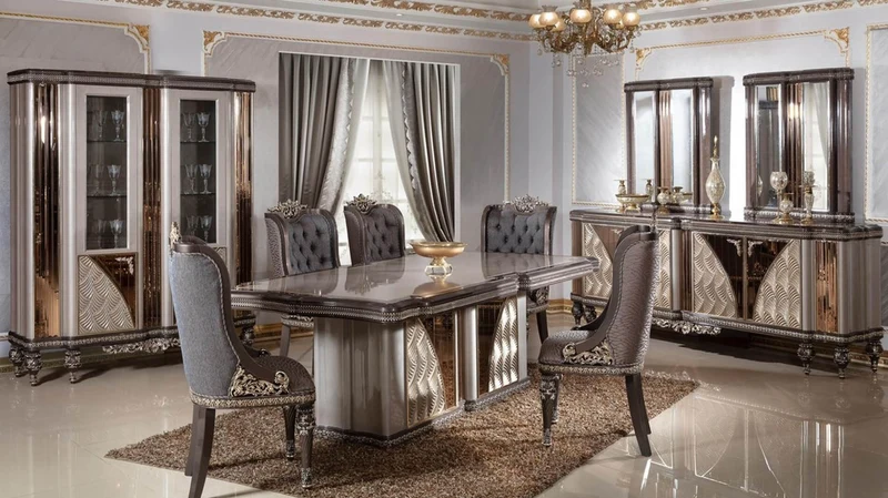 Casa Padrino Luxus Barock Esstisch Grau / Dunkelbraun / Gold - Rechteckiger Barockstil Küchentisch - Luxus Esszimmer Möbel im Barockstil - Barock Esszimmer Möbel - Barock Einrichtung