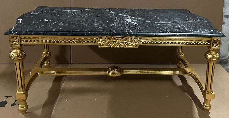 Casa Padrino Barock Couchtisch Gold / Schwarz - Rechteckiger Massivholz Wohnzimmertisch mit Marmorplatte - Barockstil Wohnzimmer Möbel - Barock Möbel - Antik Stil Wohnzimmer Möbel