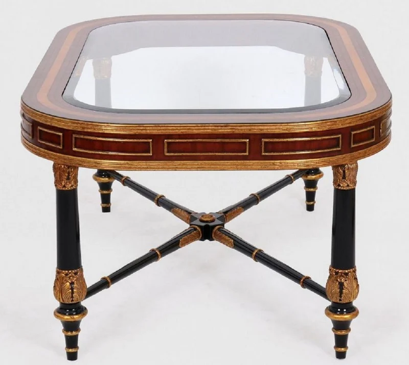 Casa Padrino Luxus Barock Couchtisch Braun / Schwarz / Gold 122 x 81 x H. 56 cm - Edler Massivholz Wohnzimmertisch mit Glasplatte - Barock Möbel